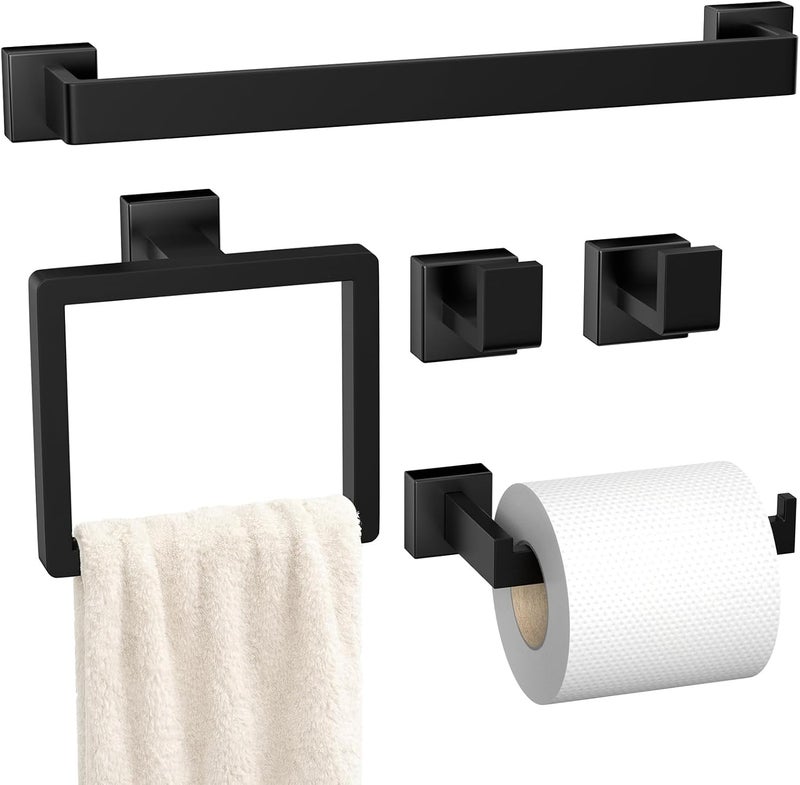 PAHSFS Bathroom Accessory Towel Bar Set: 5 Pieces Matte Black Square Bathroom Hardware SUS304 Stainless Steel - 24 Inch Wall Mounted Towel Rack&Toilet Paper Holder&Towel Ring and Towel Hook - Image 1