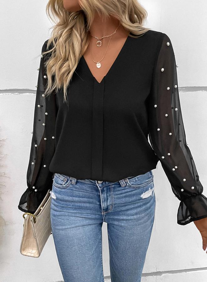 تايك تو توب أسود مزين باللؤلؤ طويل الأكمام - Image 4