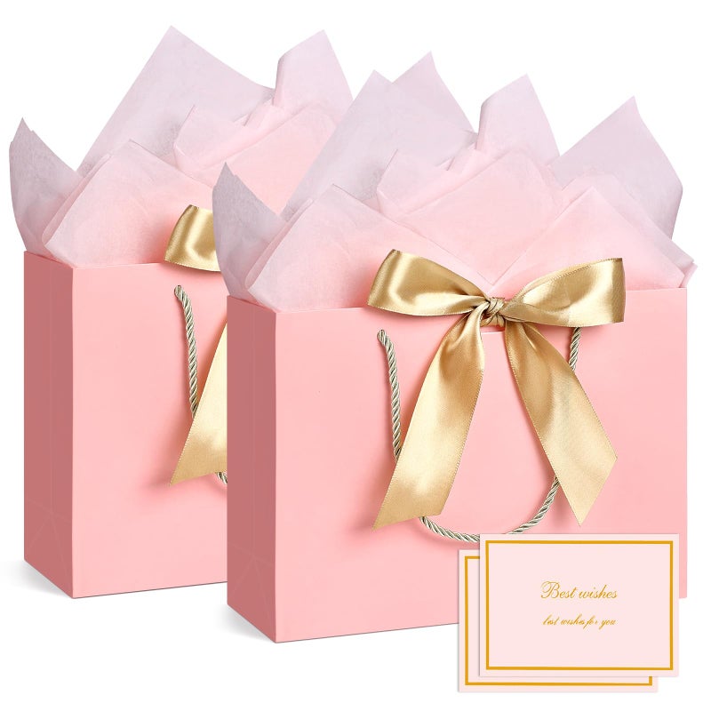 JMANNI Medium Size Gift Bags - 2Pcs Paper Gift Bag with Handles, 4 Tissue Paper & 2 Greeting Cards for Women, Girls, Bridesmaid, Birthday, Valentines, Wedding, Party (Pink) - Image 1