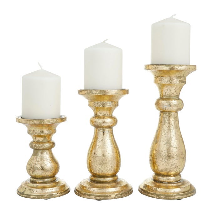 MANGO WOOD DECORATIVE CANDLE HOLDER TURNED STYLE PILLAR CANDLE STAND SET OF 3 CANDLESTICK HOLDER 10 8 6H GOLD