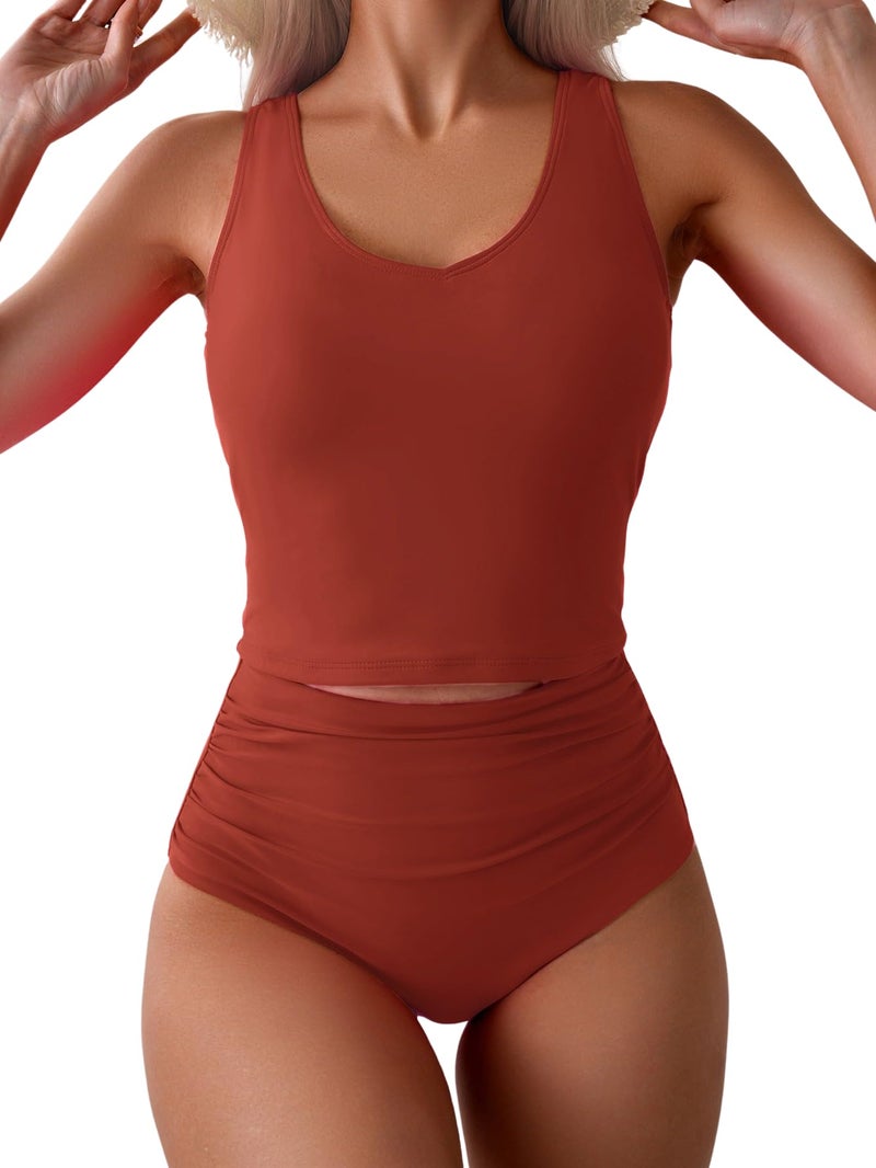 Eomenie Two Piece Tankini Swimsuits for Women Tummy Control Bathing Suits U Back Swim Tank Top with High Waisted Bottom Coral Pink - Image 1