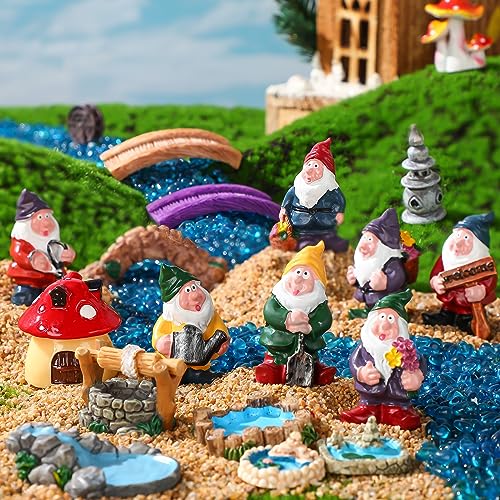 Unittype 19 Pcs Flower Fairy Gnome Accessories Garden Outdoor Miniature Bridge Mushroom Lighthouse Water Well Pond Resin Figures Garden Decorations Miniature Figurines for Craft (Gnome) - Image 3