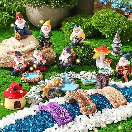 Unittype 19 Pcs Flower Fairy Gnome Accessories Garden Outdoor Miniature Bridge Mushroom Lighthouse Water Well Pond Resin Figures Garden Decorations Miniature Figurines for Craft (Gnome) - Image 1
