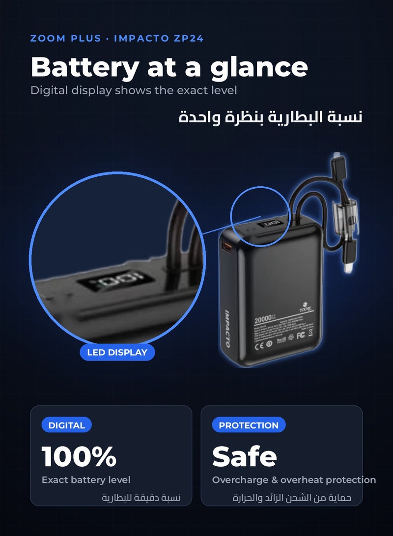 Zoom Plus IMPACTO 20000mAh Power Bank, 22.5W PD Fast Charging Portable Charger with Built-in USB-C and Lightning Cables, LED Digital Display, Ultra-Compact Battery Pack for iPhone, Samsung and Android Phones (ZP24B, Black) - Image 5
