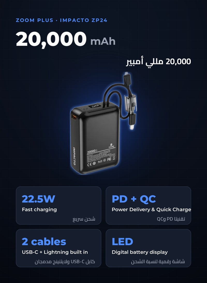 Zoom Plus IMPACTO 20000mAh Power Bank, 22.5W PD Fast Charging Portable Charger with Built-in USB-C and Lightning Cables, LED Digital Display, Ultra-Compact Battery Pack for iPhone, Samsung and Android Phones (ZP24B, Black) - Image 2
