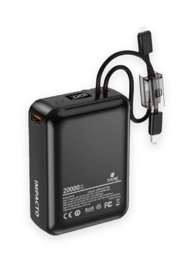 Zoom Plus IMPACTO 20000mAh Power Bank, 22.5W PD Fast Charging Portable Charger with Built-in USB-C and Lightning Cables, LED Digital Display, Ultra-Compact Battery Pack for iPhone, Samsung and Android Phones (ZP24B, Black) - Image 1