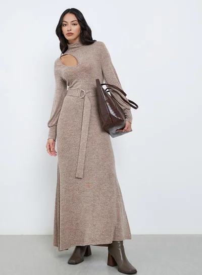 Styli Brown Cut-Out Detail Belted Sweater Maxi Dress