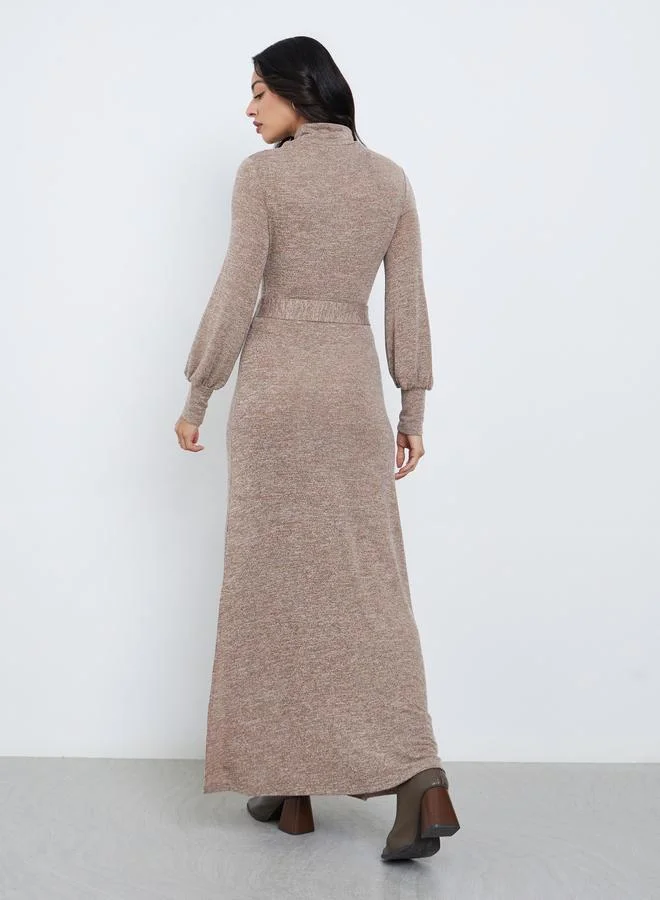 Styli Brown Cut-Out Detail Belted Sweater Maxi Dress
