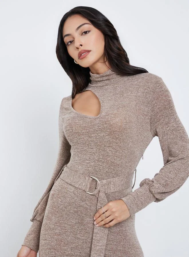 Styli Brown Cut-Out Detail Belted Sweater Maxi Dress