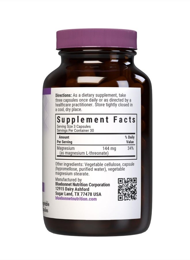 Bluebonnet مغنيسيوم إل-ثريونيت للتغذية، دعم الذاكرة والوظائف الإدراكية*، غير معدّل وراثيًا، نباتي، معتمد كوشير، خالي من الغلوتين، خالي من الصويا، 90 كبسولة نباتية، 30 حصة - Image 2