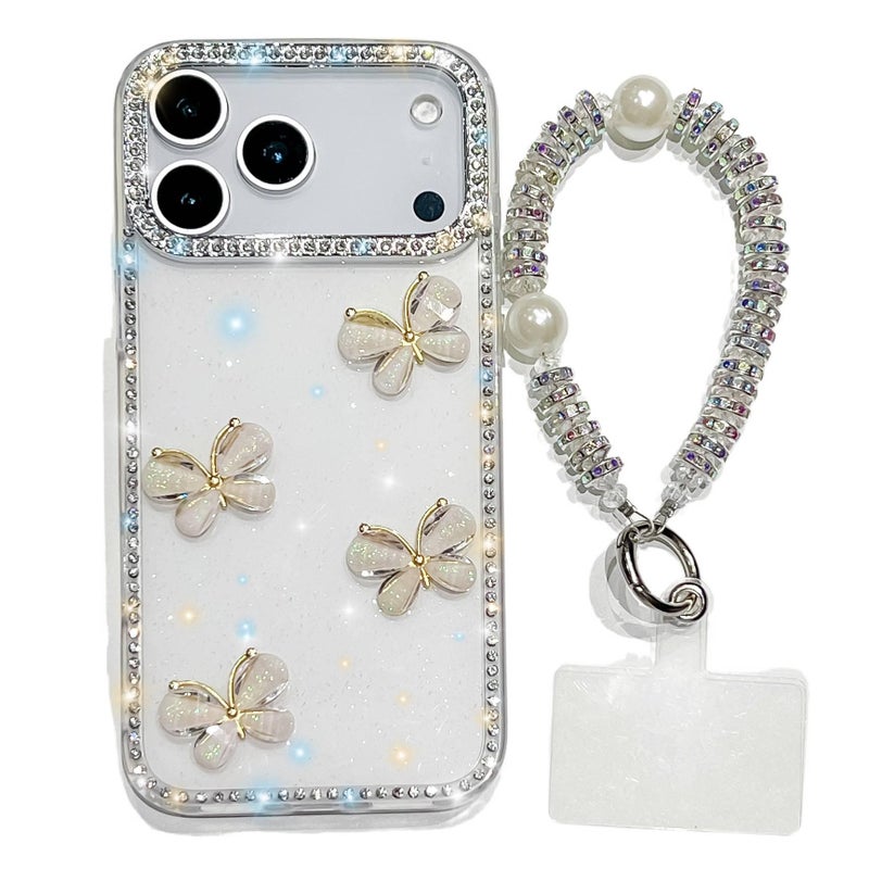 غطاء واقي بAcrylic لـ iPhone 17 / 17 Air / 17 Pro / 17 Pro Max مع حماية من السقوط وبريق مع مقاوم للصدمات مع نقشة الفراشة باللون أبيض من الأكريليك باللون الأبيض - Image 1