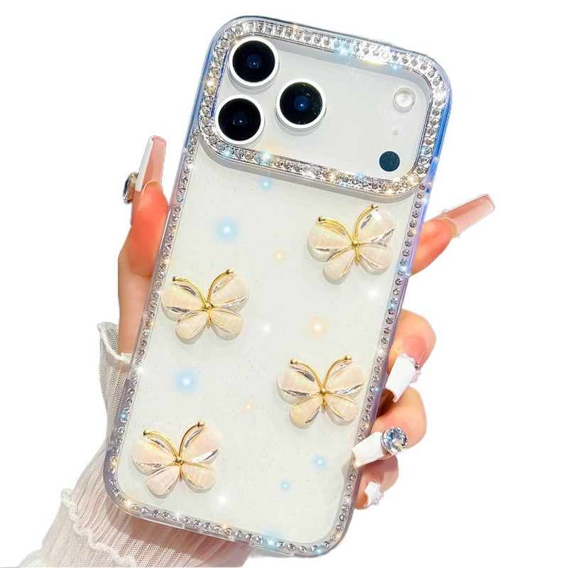 غطاء واقي بAcrylic لـ iPhone 17 / 17 Air / 17 Pro / 17 Pro Max مع حماية من السقوط وبريق مع مقاوم للصدمات مع نقشة الفراشة باللون أبيض من الأكريليك باللون الأبيض - Image 4