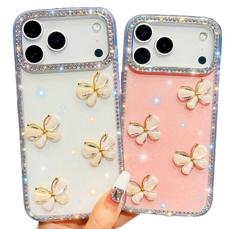 غطاء واقي بAcrylic لـ iPhone 17 / 17 Air / 17 Pro / 17 Pro Max مع حماية من السقوط وبريق مع مقاوم للصدمات مع نقشة الفراشة باللون أبيض من الأكريليك باللون الأبيض - Image 2