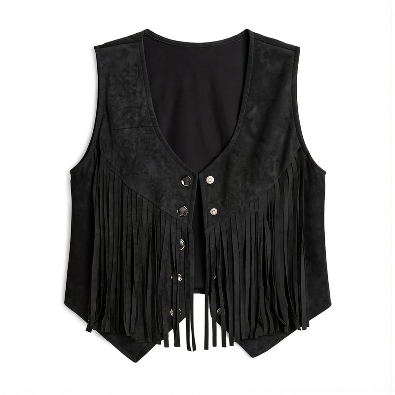 Womens Breathable Fringe Vest No Stuffy No Itchy No Loose Button S Black Retro - Image 2