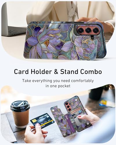 Goodon for Samsung Galaxy S25 Plus Wallet Case with Card Holder,RFID-Blocking,Aesthetic Vintage Floral Shell,Trendy Unique Cool Retro Protective Phone Cover for Women Girls - Fancy Purple Lotus - Image 3
