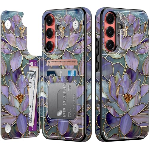 Goodon for Samsung Galaxy S25 Plus Wallet Case with Card Holder,RFID-Blocking,Aesthetic Vintage Floral Shell,Trendy Unique Cool Retro Protective Phone Cover for Women Girls - Fancy Purple Lotus - Image 1