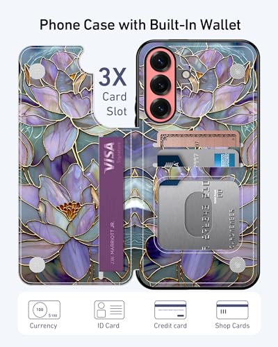 Goodon for Samsung Galaxy S25 Plus Wallet Case with Card Holder,RFID-Blocking,Aesthetic Vintage Floral Shell,Trendy Unique Cool Retro Protective Phone Cover for Women Girls - Fancy Purple Lotus - Image 2