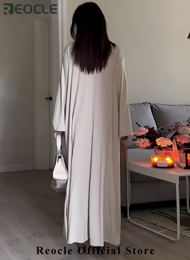 REOCLE Temperament High Collar Leisure Loose Solid Color Slim Shawl Suit Skirt Long Sleeve Coat Dress Elegant and Comfortable Long Dress - Image 4