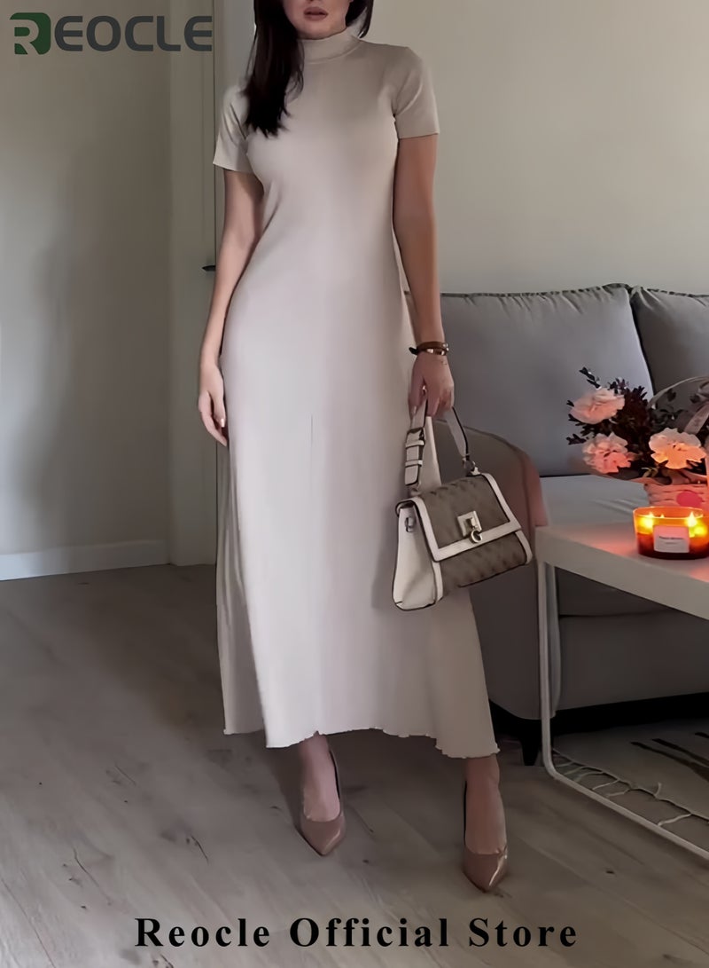 REOCLE Temperament High Collar Leisure Loose Solid Color Slim Shawl Suit Skirt Long Sleeve Coat Dress Elegant and Comfortable Long Dress - Image 5