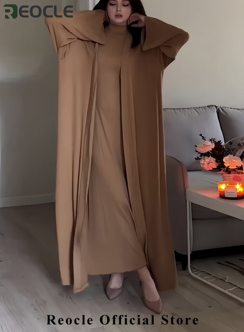 REOCLE Temperament High Collar Leisure Loose Solid Color Slim Shawl Suit Skirt Long Sleeve Coat Dress Elegant and Comfortable Long Dress - Image 2