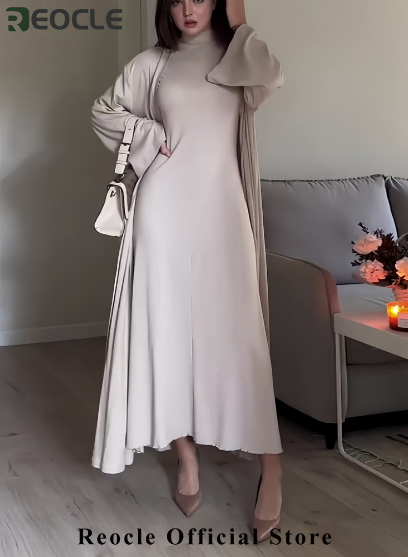 REOCLE Temperament High Collar Leisure Loose Solid Color Slim Shawl Suit Skirt Long Sleeve Coat Dress Elegant and Comfortable Long Dress - Image 3