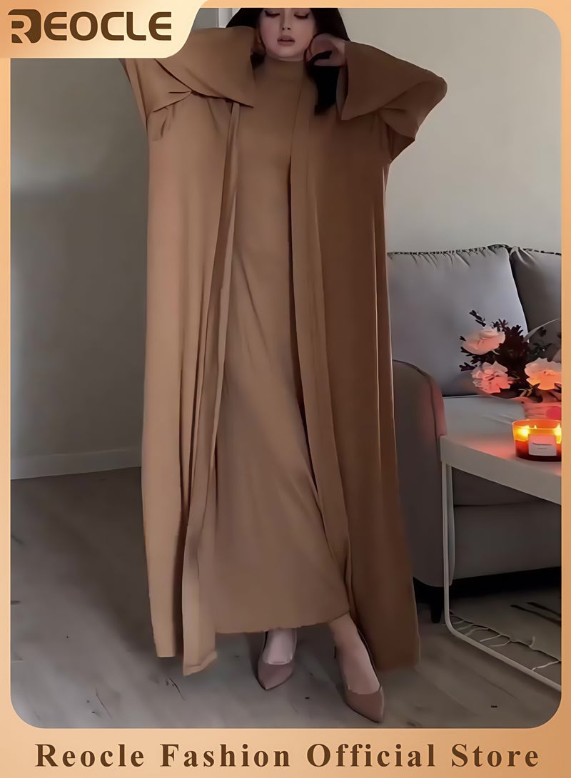 REOCLE Temperament High Collar Leisure Loose Solid Color Slim Shawl Suit Skirt Long Sleeve Coat Dress Elegant and Comfortable Long Dress - Image 1