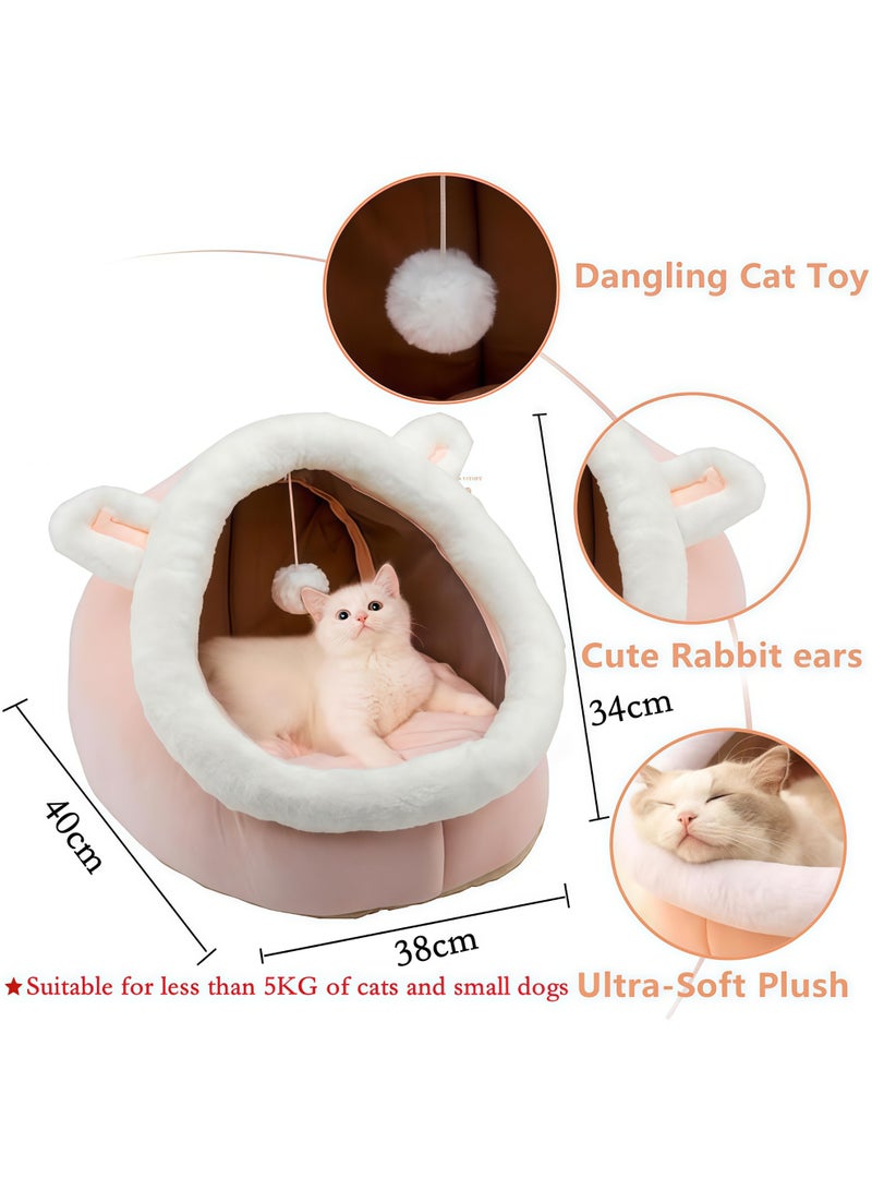 سرير للقطط، بيت للقطط مع وسادة قابلة للإزالة، سرير استراحة للقطط، سرير حيوانات أليفة برسومات كرتونية، سرير قطط شبه مغلق، قابل للغسل والإزالة مع كرة لعبة، بيت دافئ وناعم للقطط أو الكلاب، مستلزمات حيوانات أليفة محمولة ناعمة ومريحة للنوم (أرنب وردي) - Image 2