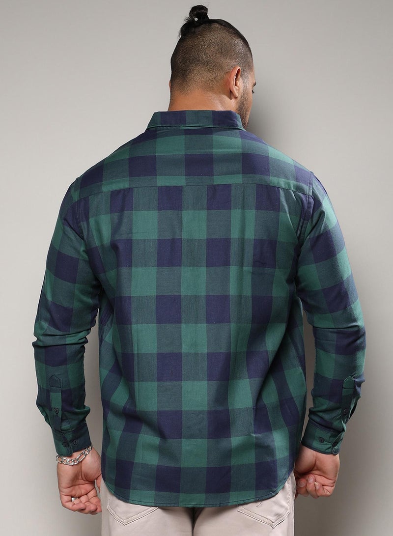 Instafab Plus Men's Navy Blue & Forest Green Buffalo Check Shirt For Casual Wear | Spread Collar | Long Sleeve | Button Closure | Shirt Crafted With Comfort Fit For Everyday Wear - Image 5