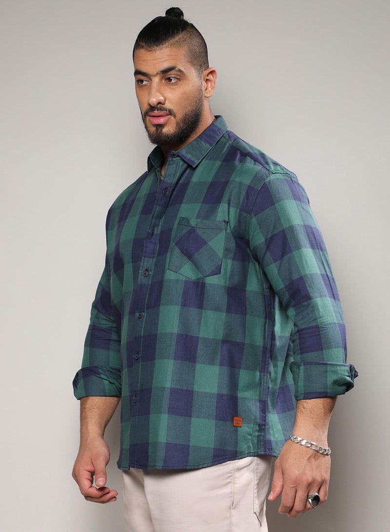 Instafab Plus Men's Navy Blue & Forest Green Buffalo Check Shirt For Casual Wear | Spread Collar | Long Sleeve | Button Closure | Shirt Crafted With Comfort Fit For Everyday Wear - Image 3