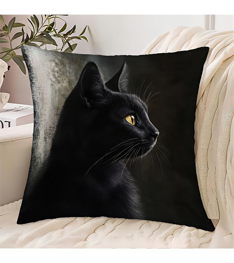 Modern Black Cat Design Polyester Decorative Cushion 50x50cm with Zipper - Image 2