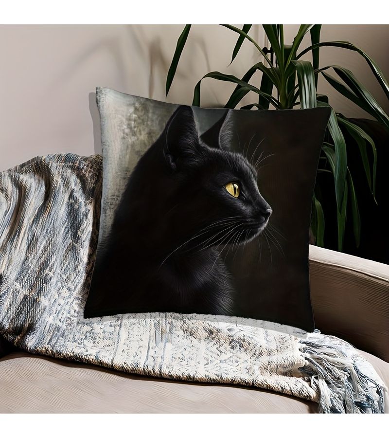 Modern Black Cat Design Polyester Decorative Cushion 50x50cm with Zipper - Image 1