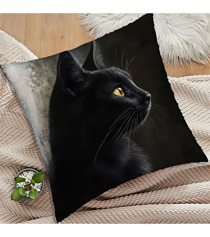 Modern Black Cat Design Polyester Decorative Cushion 50x50cm with Zipper - Image 5