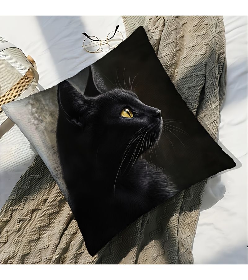 Modern Black Cat Design Polyester Decorative Cushion 50x50cm with Zipper - Image 3