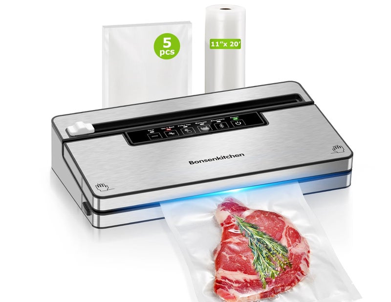 Bonsenkitchen Vacuum Sealer Machine, Stainless Steel Food Sealer Vacuum Sealers with 1 Roll & 5 Bags, 5 Food Vacuum Modes, Built-in Cutter & Bag Storage (Silver Black) - Image 1