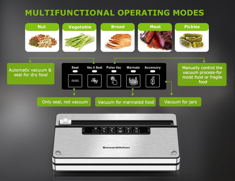 Bonsenkitchen Vacuum Sealer Machine, Stainless Steel Food Sealer Vacuum Sealers with 1 Roll & 5 Bags, 5 Food Vacuum Modes, Built-in Cutter & Bag Storage (Silver Black) - Image 2