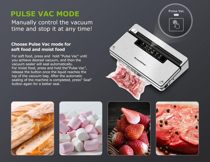 Bonsenkitchen Vacuum Sealer Machine, Stainless Steel Food Sealer Vacuum Sealers with 1 Roll & 5 Bags, 5 Food Vacuum Modes, Built-in Cutter & Bag Storage (Silver Black) - Image 4
