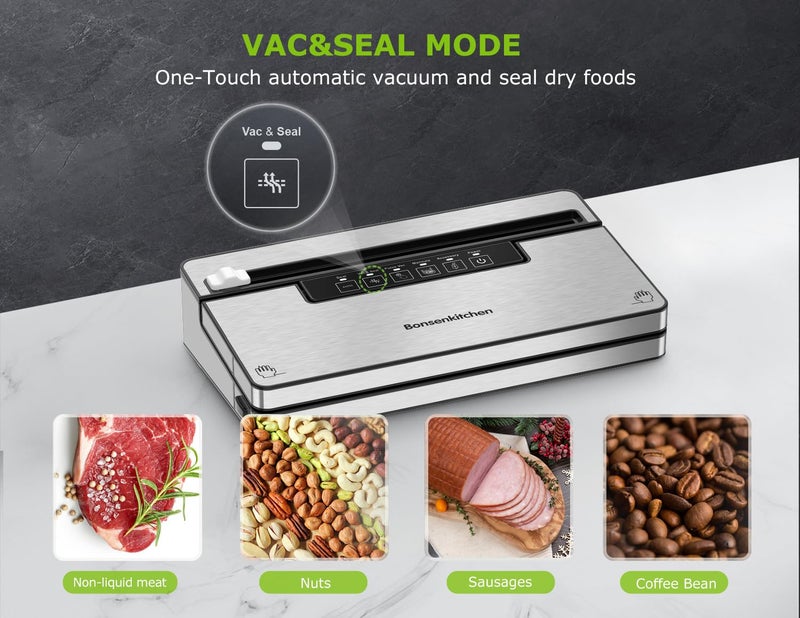Bonsenkitchen Vacuum Sealer Machine, Stainless Steel Food Sealer Vacuum Sealers with 1 Roll & 5 Bags, 5 Food Vacuum Modes, Built-in Cutter & Bag Storage (Silver Black) - Image 3
