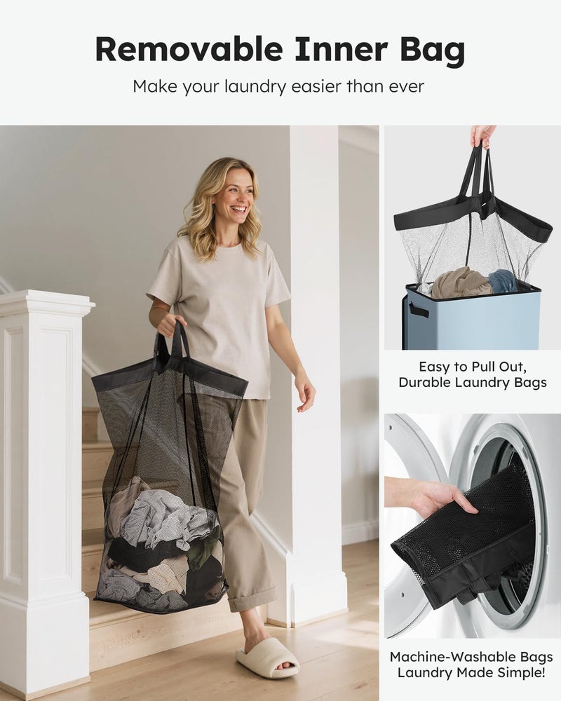 SOLEDI Laundry Hamper with Lid 100L Large & Tall Collapsible Laundry Basket, Clothes Hamper with Bag Removable Easy to Carry, Dirty Hampers for Bedroom, Bathroom, Dorm, College, Blue Grey - Image 4