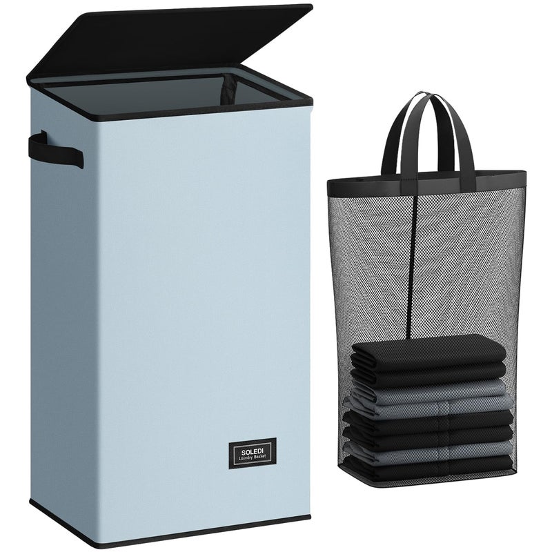 SOLEDI Laundry Hamper with Lid 100L Large & Tall Collapsible Laundry Basket, Clothes Hamper with Bag Removable Easy to Carry, Dirty Hampers for Bedroom, Bathroom, Dorm, College, Blue Grey - Image 1