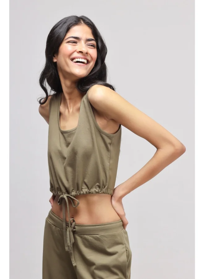 NeceSera Olive Scoop-Neck Drawstring Supima Top