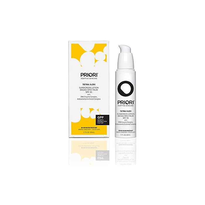 Priori Skincare Tetra Sunscreen Lotion Broad Spectrum SPF 55 Universal Skin Tint, Zinc Oxide Facial Sunscreen, Blue Light Protection, Antioxidant, Matte Finish 1.7 fl oz