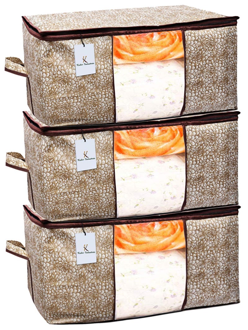 Kuber Industries Flower Design Underbed Storage Bag Storage Organiser Blanket Cover Set of 3 Golden Brown Extra Large Size CTKTC15252 - Image 1