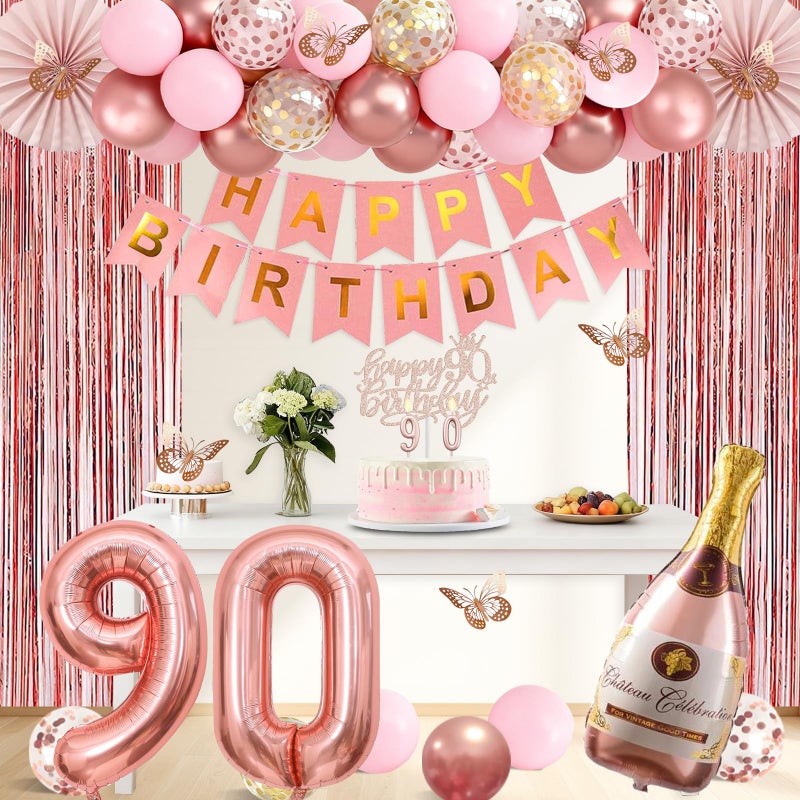 Juesly 90th Birthday Decorations for Women, Rose Gold 90th Birthday Decorations, 90 Sash and Crown, Banner, Fringe Curtains, Hanging Paper Fans, 90 Year Old Party Supplies Set - Image 5