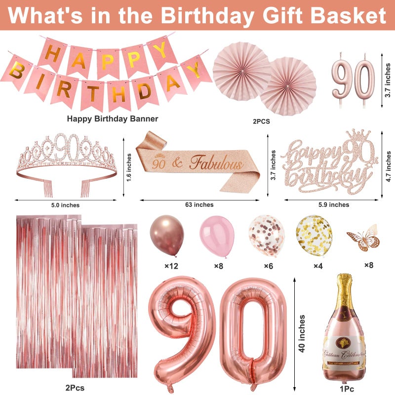 Juesly 90th Birthday Decorations for Women, Rose Gold 90th Birthday Decorations, 90 Sash and Crown, Banner, Fringe Curtains, Hanging Paper Fans, 90 Year Old Party Supplies Set - Image 3