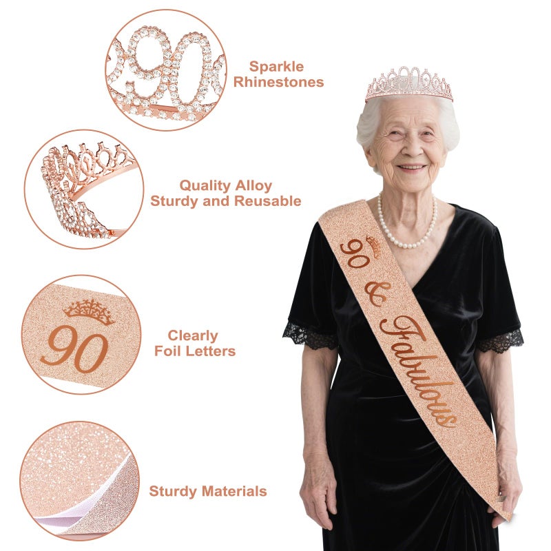 Juesly 90th Birthday Decorations for Women, Rose Gold 90th Birthday Decorations, 90 Sash and Crown, Banner, Fringe Curtains, Hanging Paper Fans, 90 Year Old Party Supplies Set - Image 4