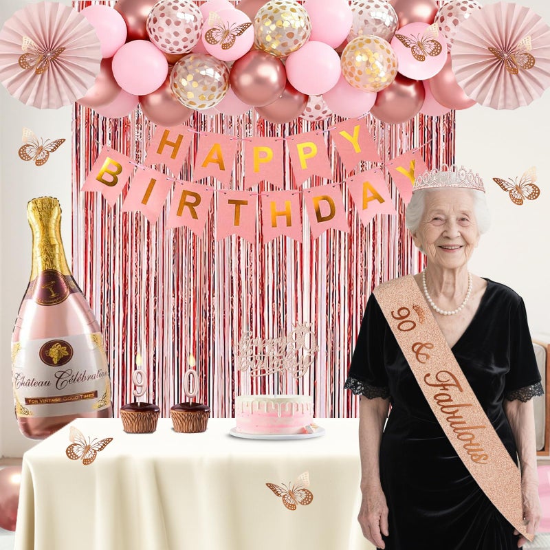 Juesly 90th Birthday Decorations for Women, Rose Gold 90th Birthday Decorations, 90 Sash and Crown, Banner, Fringe Curtains, Hanging Paper Fans, 90 Year Old Party Supplies Set - Image 2