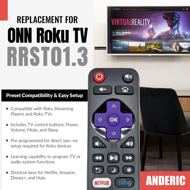 Anderic Replacement Universal Remote Control for Roku Streaming Player and TVs with Learning - Works for TV and Streaming Devices (IR). Replaces All RC-AFIR, RC-ALIR and RC280 Remotes - Anderic RRST01.3 - Image 2