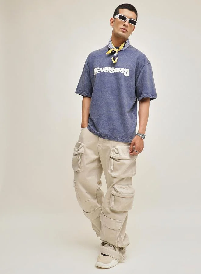 ساسافراس Men Blue Overdye Slogan Print Oversized T-Shirt
