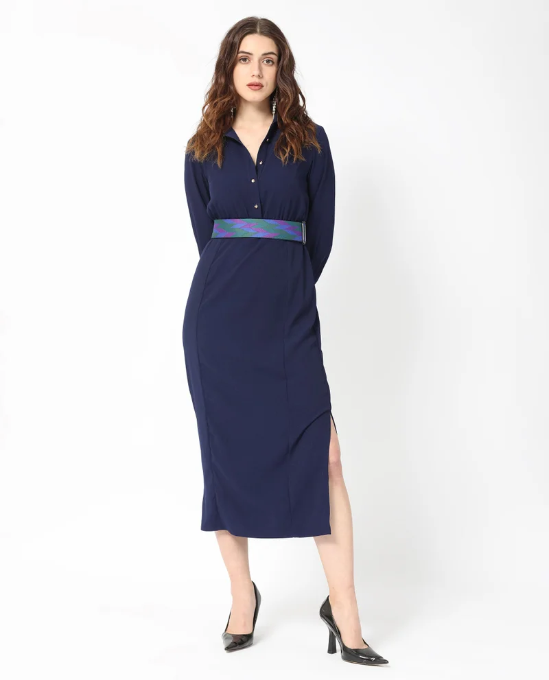 ريريزم Women's Collared Maxi Dress With Side Slit Detail