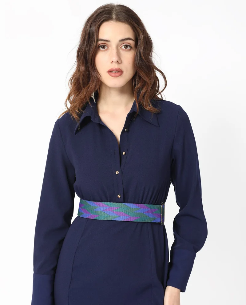 Rareism Women's Collared Maxi Dress With Side Slit Detail